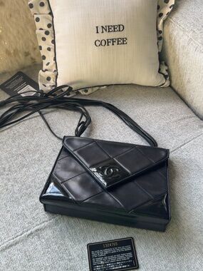 Rare Vintage CHANEL 1 Series Black Quilted Leather Envelope Shoulder Bag COA